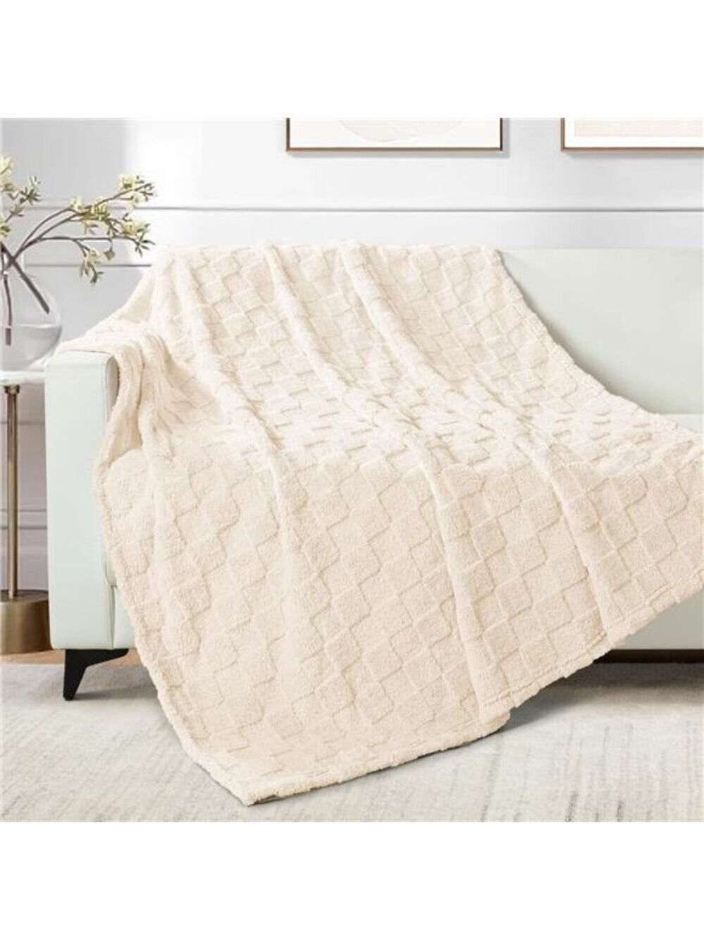 Soft Fleece Throw Blanket Lightweight Warm Couch Sofa Checkered Ivory 50x60